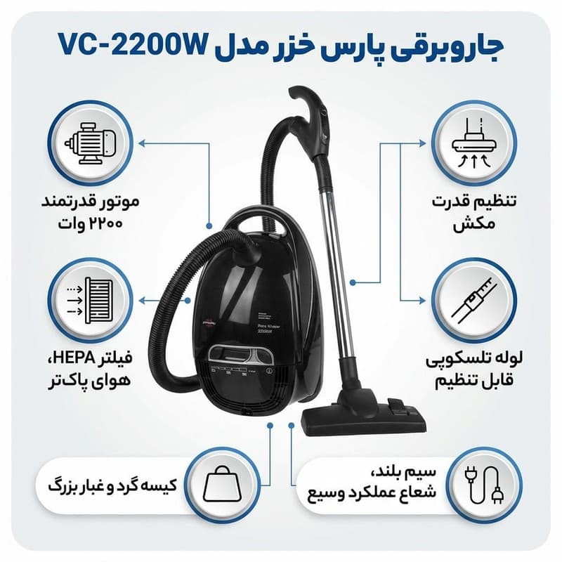 جاروبرقی 2200 وات پارس خزر مدل VC-2200W — تصویر 2