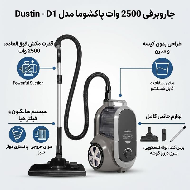 جاروبرقی 2500 وات پاکشوما مدل D1 G — تصویر 2