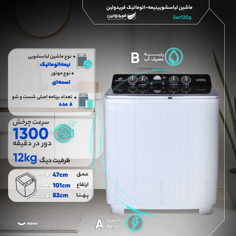 ماشین لباسشویی 12 کیلوگرم نیمه اتوماتیک فریدولین مدل Swt120g — تصویر 3