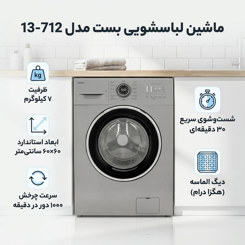 ماشین لباسشویی 7 کیلوگرم اتوماتیک بست مدل 13-712 — تصویر 2