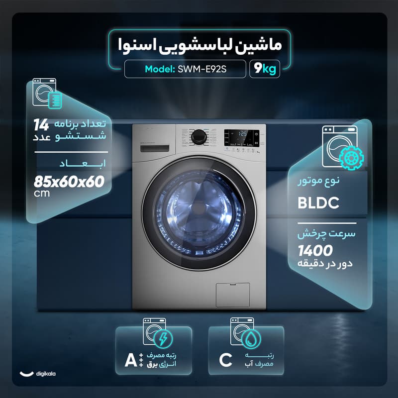 ماشین لباسشویی 9 کیلوگرم اتوماتیک اسنوا مدل SWM-E92S — تصویر 4