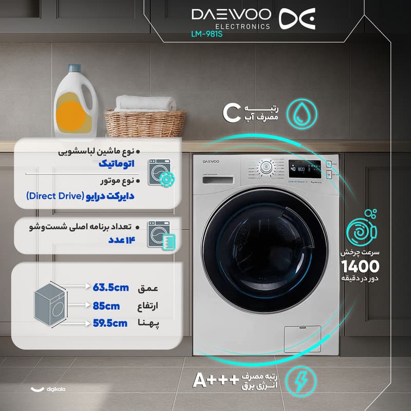 ماشین لباسشویی 9 کیلوگرم اتوماتیک دوو مدل LM-981S — تصویر 3