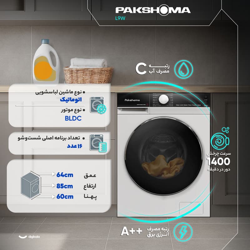 ماشین لباسشویی 9 کیلوگرم اتوماتیک پاکشوما مدل L9W — تصویر 3
