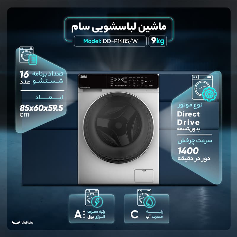 ماشین لباسشویی 9 کیلوگرم اتوماتیک سام مدل DD-P1485/W — تصویر 4