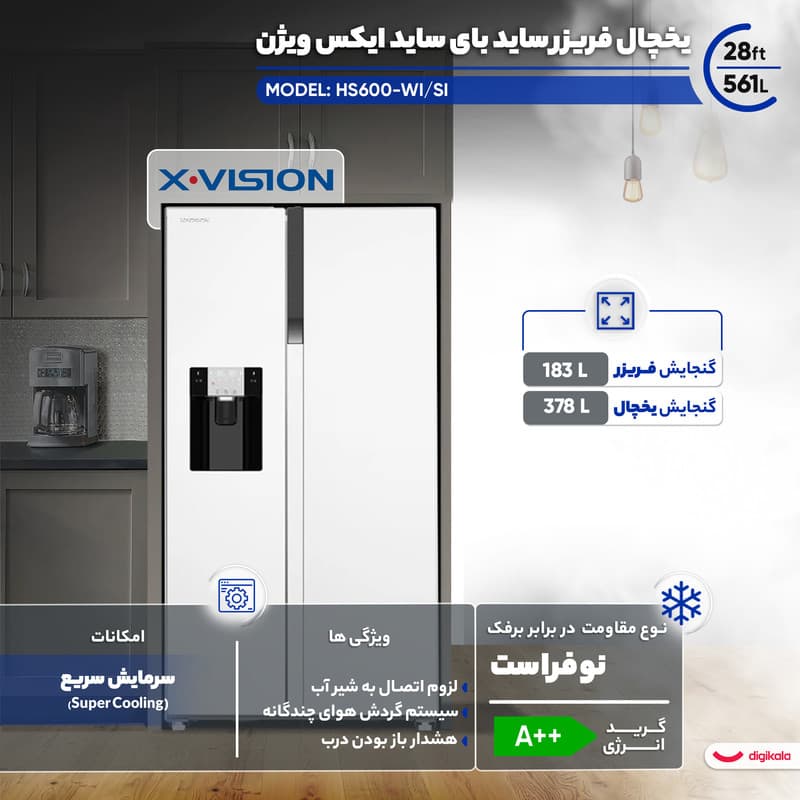 یخچال فریزر ساید بای ساید 28 فوت ایکس ویژن مدل HS600-WI/SI — تصویر 4