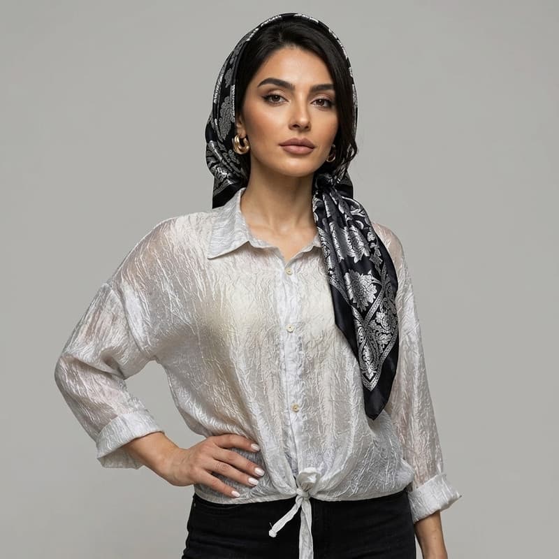 شومیز آستین سه ربع یقه برگردان زنانه مدل جلو گره ای شیشه ای براق — تصویر 1